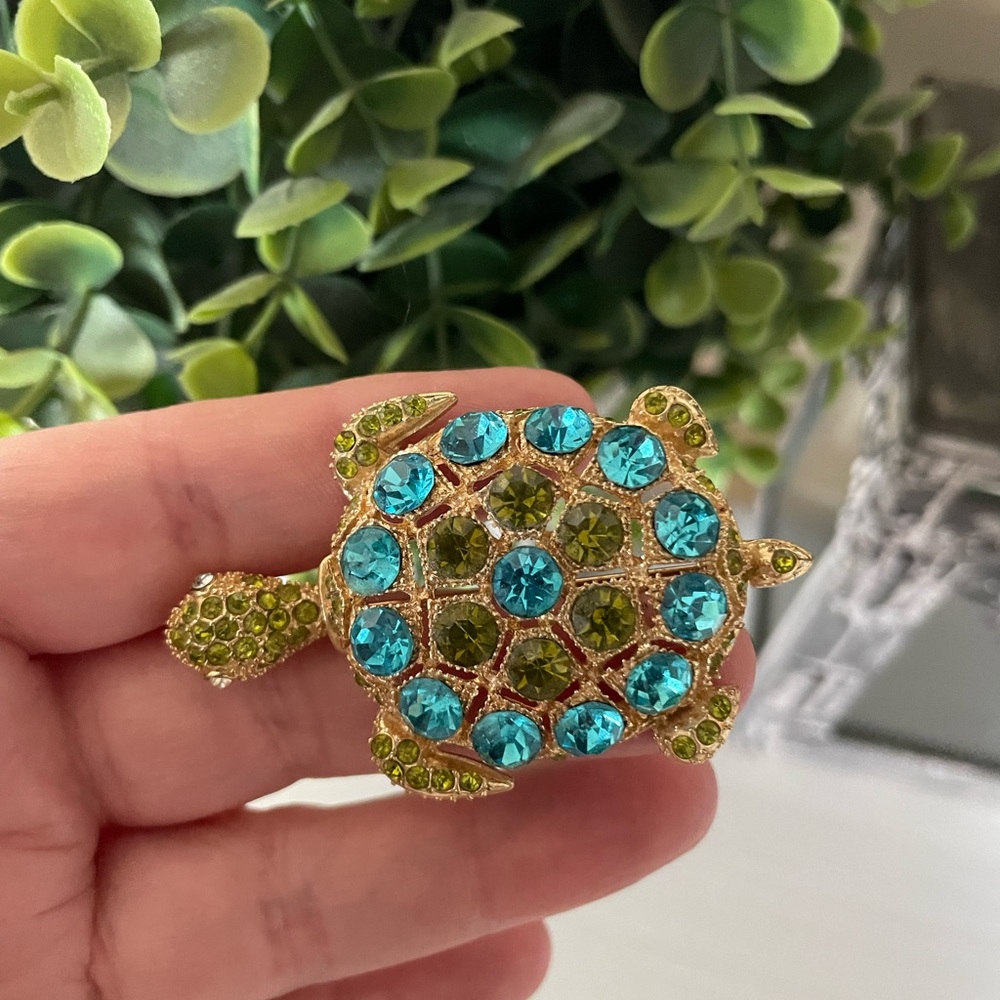 Signed Monet Sea Turtle Pin Brooch Rhinestones Teal Blue Green Stones Rare